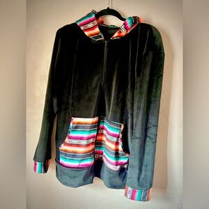 Black Zip Hoodie with Multicolor Serape Trim